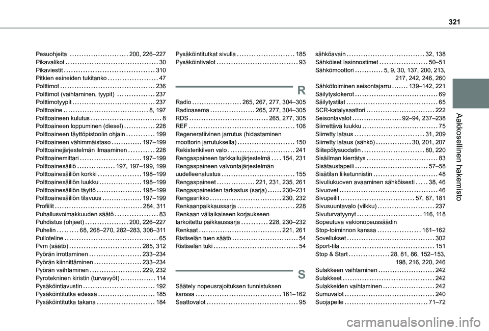 TOYOTA PROACE CITY VERSO EV 2021  Omistajan Käsikirja (in Finnish) 321
Aakkosellinen hakemisto
Pesuohjeita    200, 226–227Pikavalikot   30Pikaviestit   310Pitkien esineiden tukitanko   47Polttimot   236Polttimot (vaihtaminen, tyypit)    237Polttimotyypit   237Poltt