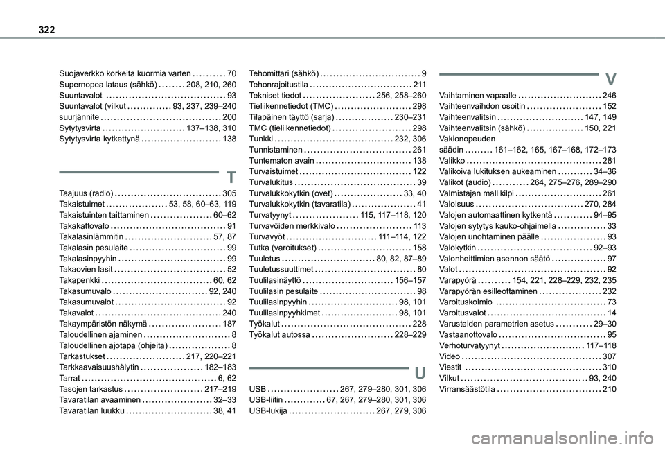 TOYOTA PROACE CITY VERSO EV 2021  Omistajan Käsikirja (in Finnish) 322
Suojaverkko korkeita kuormia varten   70Supernopea lataus (sähkö)   208, 210, 260Suuntavalot    93Suuntavalot (vilkut   93, 237, 239–240suurjännite   200Sytytysvirta   137–138, 310Sytytysvi
