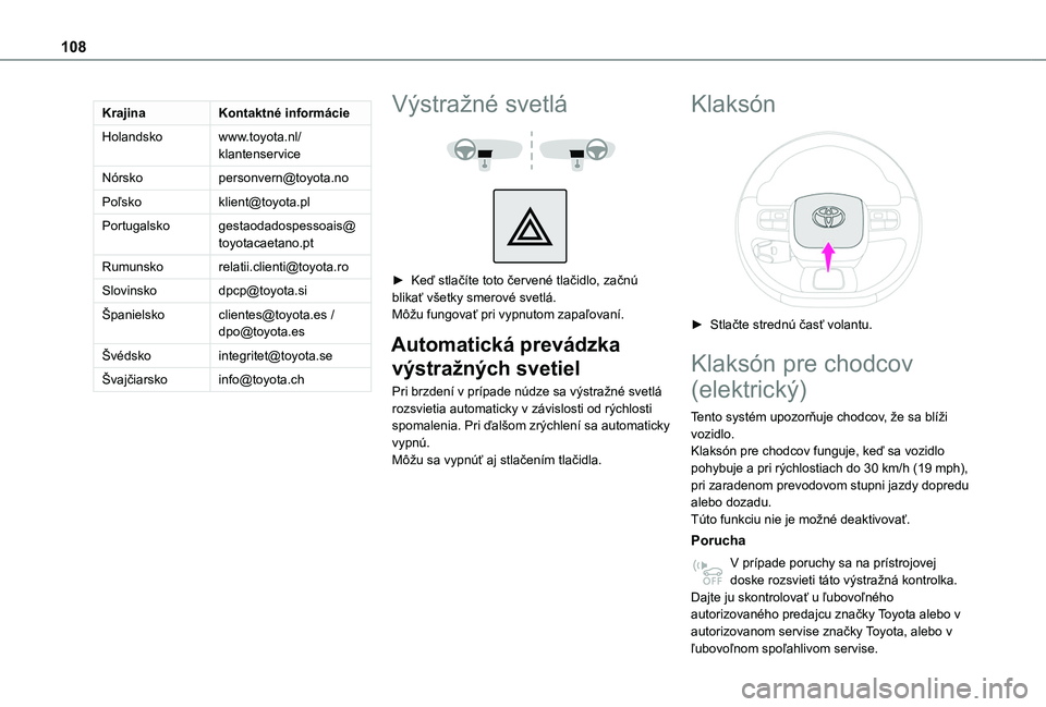 TOYOTA PROACE CITY VERSO EV 2021  Návod na použitie (in Slovakian) 108
KrajinaKontaktné informácie
Holandskowww.toyota.nl/klantenservice
Nórskopersonvern@toyota.no
Poľskoklient@toyota.pl
Portugalskogestaodadospessoais@toyotacaetano.pt
Rumunskorelatii.clienti@toyo