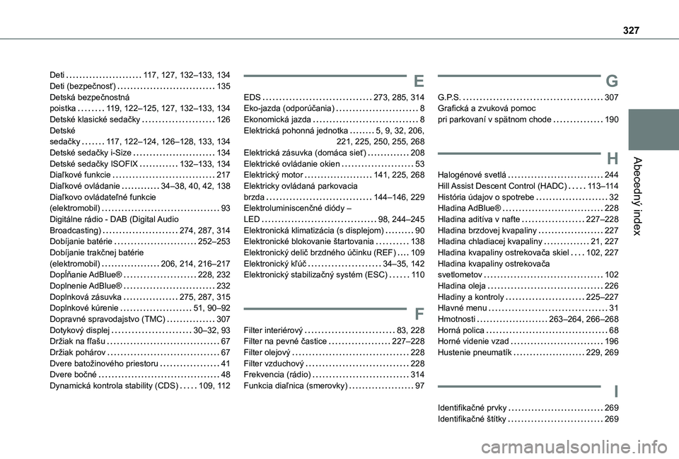 TOYOTA PROACE CITY VERSO EV 2021  Návod na použitie (in Slovakian) 327
Abecedný index
Deti   11 7, 127, 132–133, 134Deti (bezpečnosť)   135Detská bezpečnostná  poistka   11 9, 122–125, 127, 132–133, 134Detské klasické sedačky   126Detské  sedačky   1