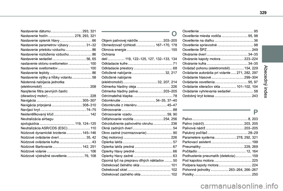 TOYOTA PROACE CITY VERSO EV 2021  Návod na použitie (in Slovakian) 329
Abecedný index
Nastavenie dátumu   293, 321Nastavenie hodín   278, 293, 321Nastavenie opierok hlavy   66Nastavenie parametrov výbavy   31–32Nastavenie prietoku vzduchu   86Nastavenie rozlož