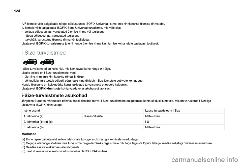 TOYOTA PROACE CITY VERSO EV 2021 Kasutusjuhend (in Estonian) 124
IUF Istmele võib paigaldada näoga sõidusuunas ISOFIX Universal-ist\
me, mis kinnitatakse ülemise rihma abil.IL Istmele võib paigaldada ISOFIX Semi-Universal turvaistme, mis või\
b olla:– s TOYOTA PROACE CITY VERSO EV 2021 Kasutusjuhend (in Estonian) 124
IUF Istmele võib paigaldada näoga sõidusuunas ISOFIX Universal-ist\
me, mis kinnitatakse ülemise rihma abil.IL Istmele võib paigaldada ISOFIX Semi-Universal turvaistme, mis või\
b olla:– s