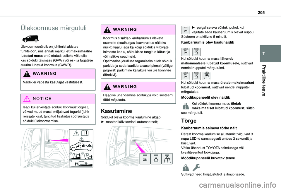 TOYOTA PROACE CITY VERSO EV 2021  Kasutusjuhend (in Estonian) 205
Praktiline teave
7
Ülekoormuse märgutuli 
 
Ülekoormusnäidik on juhtimist abistav funktsioon, mis annab märku, et maksimaalne lubatud mass on ületatud; selleks võib olla kas sõiduki täism