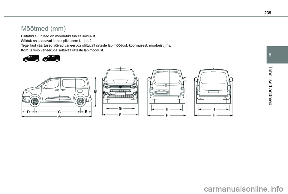 TOYOTA PROACE CITY VERSO EV 2021  Kasutusjuhend (in Estonian) 239
Tehnilised andmed
9
Mõõtmed (mm)
Esitatud suurused on mõõdetud tühialt sõidukilt.Sõiduk on saadaval kahes pikkuses: L1 ja L2.Tegelikud väärtused võivad varieeruda sõltuvalt rataste lä\