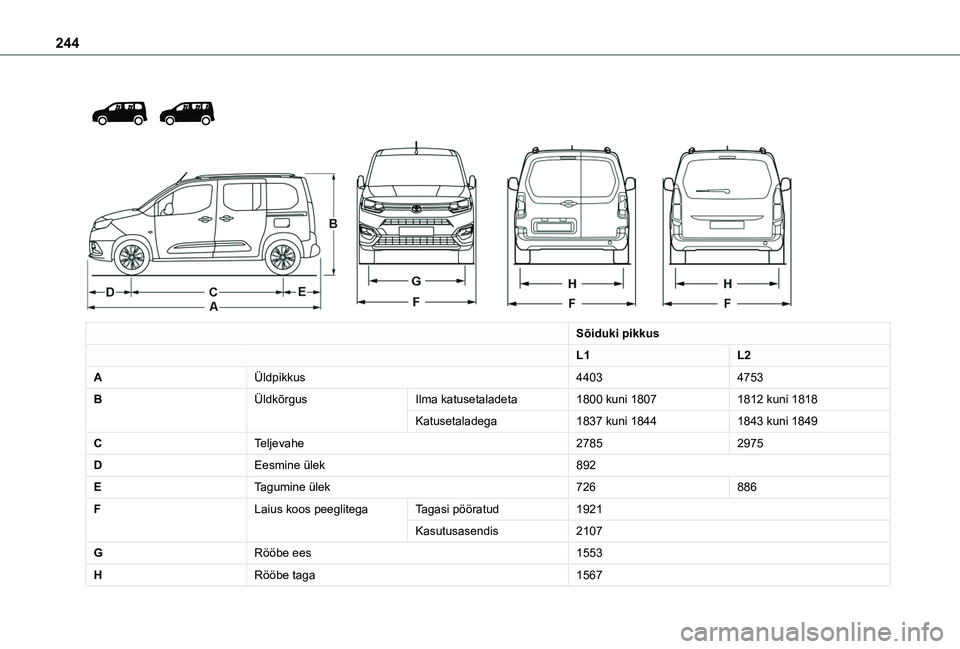 TOYOTA PROACE CITY VERSO EV 2021  Kasutusjuhend (in Estonian) 244
 
  
 
Sõiduki pikkus
L1L2
AÜldpikkus44034753
BÜldkõrgusIlma katusetaladeta1800 kuni 18071812 kuni 1818
Katusetaladega1837 kuni 18441843 kuni 1849
CTeljevahe27852975
DEesmine ülek892
ETagumin