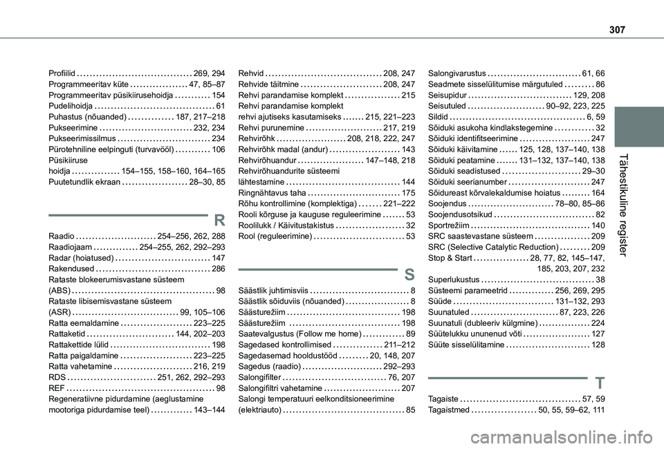 TOYOTA PROACE CITY VERSO EV 2021 Kasutusjuhend (in Estonian) 307
Tähestikuline register
Profiilid 269, 294Programmeeritav küte 47, 85–87Programmeeritav püsikiirusehoidja 154Pudelihoidja 61Puhastus (nõuanded) 187, 217–218Pukseerimine 232, 234 TOYOTA PROACE CITY VERSO EV 2021 Kasutusjuhend (in Estonian) 307
Tähestikuline register
Profiilid 269, 294Programmeeritav küte 47, 85–87Programmeeritav püsikiirusehoidja 154Pudelihoidja 61Puhastus (nõuanded) 187, 217–218Pukseerimine 232, 234