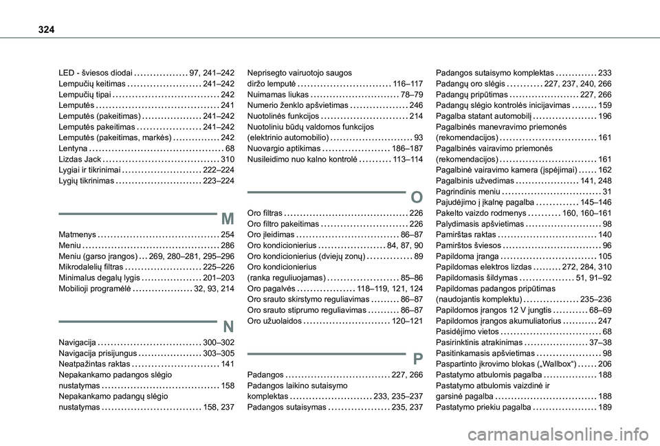 TOYOTA PROACE CITY VERSO EV 2021 Eksploatavimo vadovas (in Lithuanian) 324
LED - šviesos diodai 97, 241–242Lempučių keitimas 241–242Lempučių tipai 242Lemputės 241Lemputės (pakeitimas) 241–242Lemputės pakeitimas 241–242Lemputės (pakeitimas, ma TOYOTA PROACE CITY VERSO EV 2021 Eksploatavimo vadovas (in Lithuanian) 324
LED - šviesos diodai 97, 241–242Lempučių keitimas 241–242Lempučių tipai 242Lemputės 241Lemputės (pakeitimas) 241–242Lemputės pakeitimas 241–242Lemputės (pakeitimas, ma