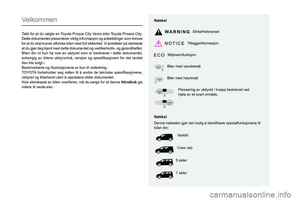 TOYOTA PROACE CITY VERSO EV 2021 Instruksjoner for bruk (in Norwegian)
Velkommen
Takk for at du valgte en Toyota Proace City Verso eller Toyota Proace City.Dette dokumentet presenterer viktig informasjon og anbefalinger so TOYOTA PROACE CITY VERSO EV 2021 Instruksjoner for bruk (in Norwegian)
Velkommen
Takk for at du valgte en Toyota Proace City Verso eller Toyota Proace City.Dette dokumentet presenterer viktig informasjon og anbefalinger so