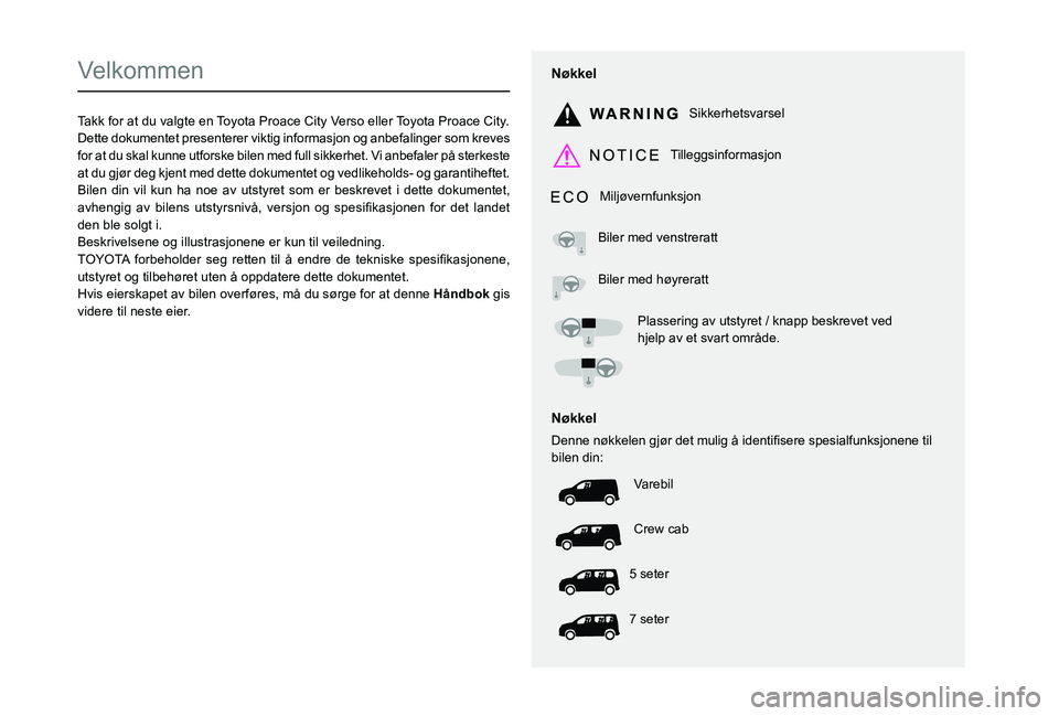 TOYOTA PROACE CITY VERSO EV 2021  Instruksjoner for bruk (in Norwegian)  
  
 
  
 
  
  
  
  
   
   
 
  
   
   
   
Velkommen
Takk for at du valgte en Toyota Proace City Verso eller Toyota Proace City.Dette dokumentet presenterer viktig informasjon og anbefalinger so