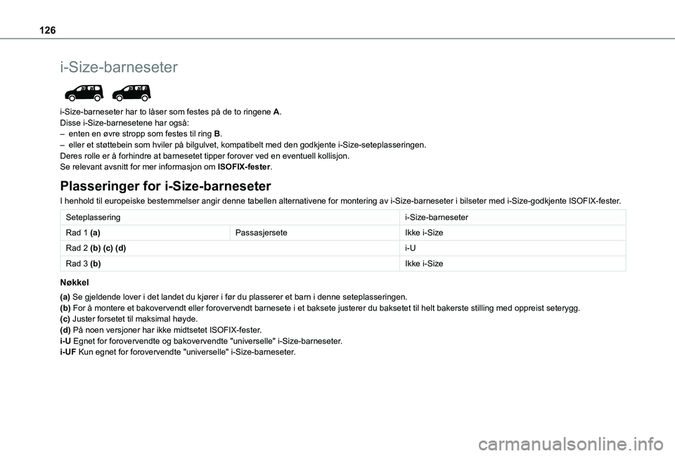 TOYOTA PROACE CITY VERSO EV 2021 Instruksjoner for bruk (in Norwegian) 126
i-Size-barneseter
i-Size-barneseter har to låser som festes på de to ringene A.Disse i-Size-barnesetene har også:– enten en øvre stropp som festes til ring B.– eller et støttebein som TOYOTA PROACE CITY VERSO EV 2021 Instruksjoner for bruk (in Norwegian) 126
i-Size-barneseter
i-Size-barneseter har to låser som festes på de to ringene A.Disse i-Size-barnesetene har også:– enten en øvre stropp som festes til ring B.– eller et støttebein som
