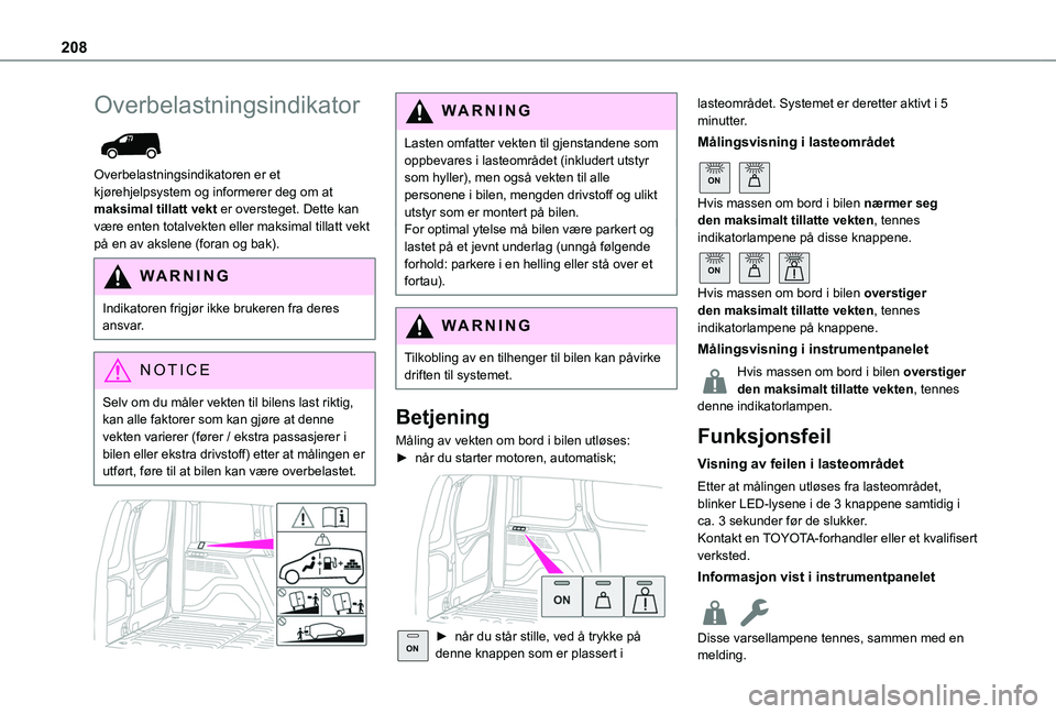 TOYOTA PROACE CITY VERSO EV 2021  Instruksjoner for bruk (in Norwegian) 208
Overbelastningsindikator 
 
Overbelastningsindikatoren er et kjørehjelpsystem og informerer deg om at maksimal tillatt vekt er oversteget. Dette kan være enten totalvekten eller maksimal tillatt