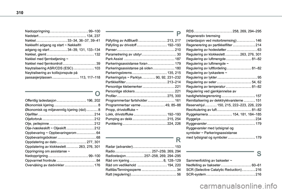 TOYOTA PROACE CITY VERSO EV 2021  Instruksjoner for bruk (in Norwegian) 310
Nødoppringning   99–100Nødstart   134, 237Nøkkel   33–34, 36–37, 39–41Nøkkelfri adgang og start ~ Nøkkelfri  adgang og start   34–39, 131, 133–134Nøkkel, glemt   132Nøkkel med f