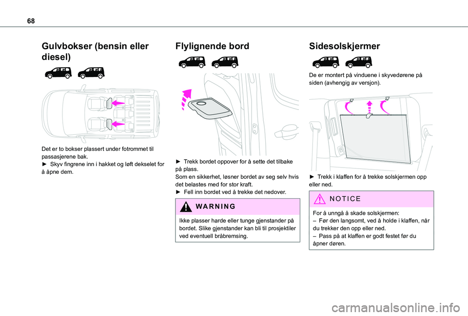 TOYOTA PROACE CITY VERSO EV 2021 Instruksjoner for bruk (in Norwegian) 68
Gulvbokser (bensin eller
diesel)
Det er to bokser plassert under fotrommet til passasjerene bak.► Skyv fingrene inn i hakket og løft dekselet for å åpne dem.
Flylignende bord
► TOYOTA PROACE CITY VERSO EV 2021 Instruksjoner for bruk (in Norwegian) 68
Gulvbokser (bensin eller
diesel)
Det er to bokser plassert under fotrommet til passasjerene bak.► Skyv fingrene inn i hakket og løft dekselet for å åpne dem.
Flylignende bord
►