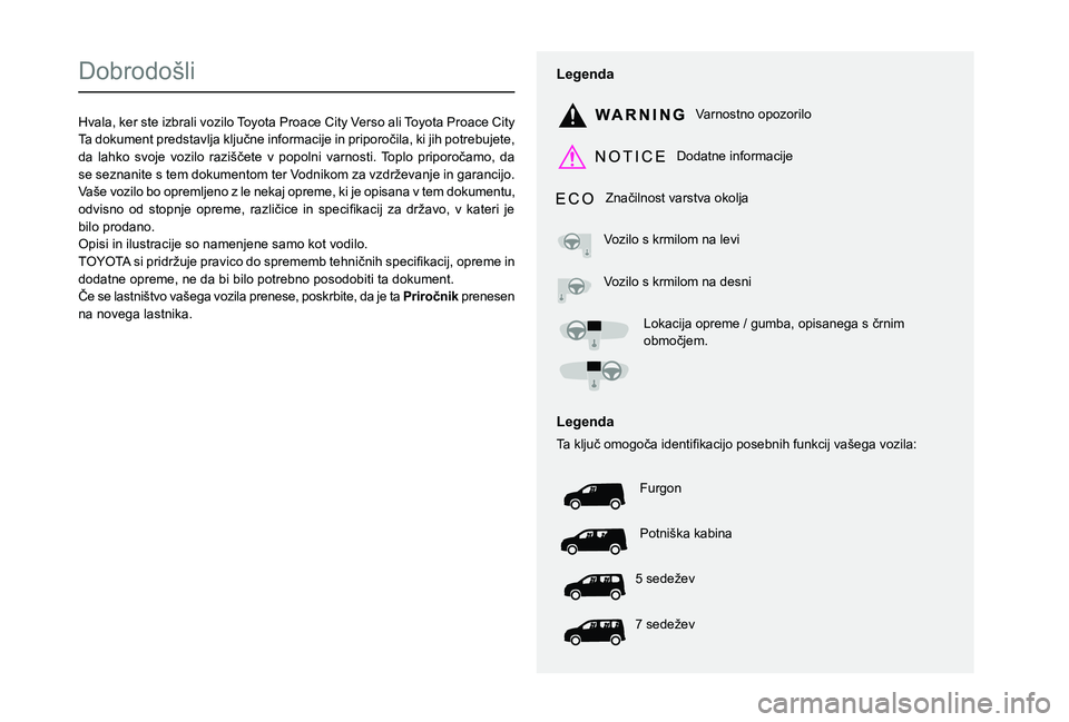 TOYOTA PROACE CITY VERSO EV 2021  Navodila Za Uporabo (in Slovenian)  
  
 
  
 
  
  
  
  
   
   
 
  
   
   
   
Dobrodošli
Hvala, ker ste izbrali vozilo Toyota Proace City Verso ali Toyota Proace City0037004700440003005600480003Vaše vozilo bo opremljeno z le ne