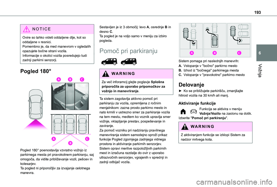 TOYOTA PROACE CITY VERSO EV 2021 Navodila Za Uporabo (in Slovenian) 193
Vožnja
6
NOTIC E
Ovire so lahko videti oddaljene dlje, kot so oddaljene v resnici.Pomembno je, da med manevrom v ogledalih opazujete bočne strani vozila.Informacije o okolici vozila posredujejo TOYOTA PROACE CITY VERSO EV 2021 Navodila Za Uporabo (in Slovenian) 193
Vožnja
6
NOTIC E
Ovire so lahko videti oddaljene dlje, kot so oddaljene v resnici.Pomembno je, da med manevrom v ogledalih opazujete bočne strani vozila.Informacije o okolici vozila posredujejo