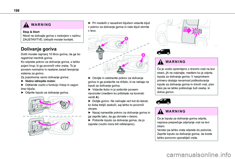 TOYOTA PROACE CITY VERSO EV 2021 Navodila Za Uporabo (in Slovenian) 198
WARNI NG
Stop & StartNikoli ne dolivajte goriva z motorjem v načinu ZAUSTAVITVE; izklopiti morate kontakt.
Dolivanje goriva
Doliti morate najmanj 10 litrov goriva, da ga bo registriral merilnik g TOYOTA PROACE CITY VERSO EV 2021 Navodila Za Uporabo (in Slovenian) 198
WARNI NG
Stop & StartNikoli ne dolivajte goriva z motorjem v načinu ZAUSTAVITVE; izklopiti morate kontakt.
Dolivanje goriva
Doliti morate najmanj 10 litrov goriva, da ga bo registriral merilnik g