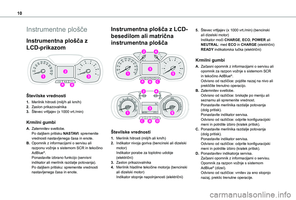 TOYOTA PROACE CITY VERSO EV 2021  Navodila Za Uporabo (in Slovenian) 10
Instrumentne plošče
Instrumentna plošča z 
LCD-prikazom 
 
Številske vrednosti
1.Merilnik hitrosti (milj/h ali km/h)
2.Zaslon prikazovalnika
3.Števec vrtljajev (x 1000 vrt./min)
Krmilni gumbi