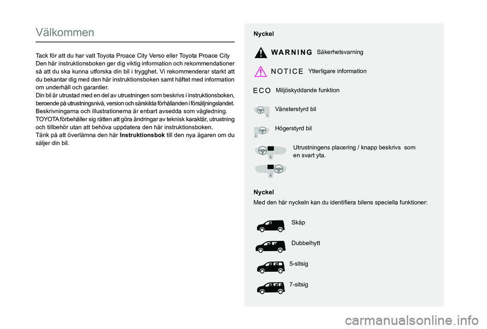 TOYOTA PROACE CITY VERSO EV 2021 Bruksanvisningar (in Swedish)
Välkommen
Tack för att du har valt Toyota Proace City Verso eller Toyota Proace CityDen här instruktionsboken ger dig viktig information och rekomme TOYOTA PROACE CITY VERSO EV 2021 Bruksanvisningar (in Swedish)
Välkommen
Tack för att du har valt Toyota Proace City Verso eller Toyota Proace CityDen här instruktionsboken ger dig viktig information och rekomme