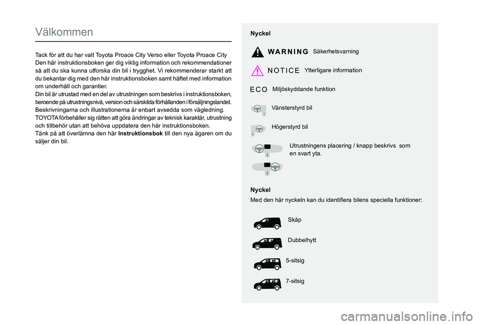 TOYOTA PROACE CITY VERSO EV 2021  Bruksanvisningar (in Swedish)  
  
 
  
 
  
  
  
  
   
   
 
  
   
   
   
Välkommen
Tack för att du har valt Toyota Proace City Verso eller Toyota Proace CityDen här instruktionsboken ger dig viktig information och rekomme