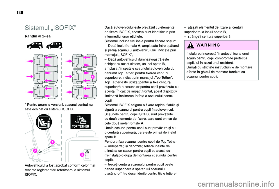 TOYOTA PROACE CITY VERSO EV 2021 Manual de utilizare (in Romanian) 136
Sistemul „ISOFIX”
Rândul al 2-lea
* Pentru anumite versiuni, scaunul central nu este echipat cu sistemul ISOFIX.
Autovehiculul a fost aprobat conform celor mai recente reglementări TOYOTA PROACE CITY VERSO EV 2021 Manual de utilizare (in Romanian) 136
Sistemul „ISOFIX”
Rândul al 2-lea
* Pentru anumite versiuni, scaunul central nu este echipat cu sistemul ISOFIX.
Autovehiculul a fost aprobat conform celor mai recente reglementări