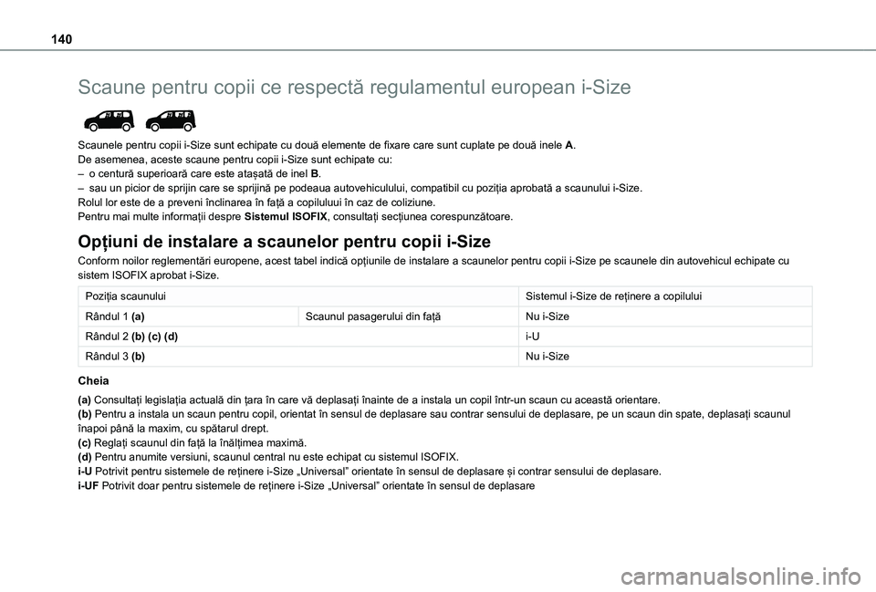 TOYOTA PROACE CITY VERSO EV 2021 Manual de utilizare (in Romanian) 140
Scaune pentru copii ce respectă regulamentul european i-Size
Scaunele pentru copii i-Size sunt echipate cu două elemente de fixare care sunt cuplate pe două inele A.De asemenea, aceste scaun TOYOTA PROACE CITY VERSO EV 2021 Manual de utilizare (in Romanian) 140
Scaune pentru copii ce respectă regulamentul european i-Size
Scaunele pentru copii i-Size sunt echipate cu două elemente de fixare care sunt cuplate pe două inele A.De asemenea, aceste scaun