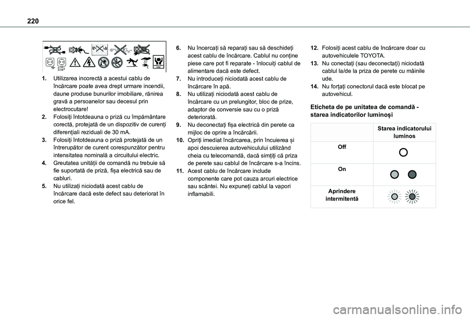 TOYOTA PROACE CITY VERSO EV 2021 Manual de utilizare (in Romanian) 220
1.Utilizarea incorectă a acestui cablu de încărcare poate avea drept urmare incendii, daune produse bunurilor imobiliare, rănirea gravă a persoanelor sau decesul prin electrocutare!
2.Folosi TOYOTA PROACE CITY VERSO EV 2021 Manual de utilizare (in Romanian) 220
1.Utilizarea incorectă a acestui cablu de încărcare poate avea drept urmare incendii, daune produse bunurilor imobiliare, rănirea gravă a persoanelor sau decesul prin electrocutare!
2.Folosi