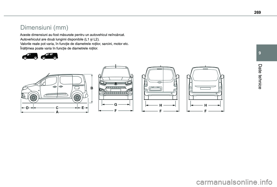 TOYOTA PROACE CITY VERSO EV 2021 Manual de utilizare (in Romanian) 269
Date tehnice
9
Dimensiuni (mm)
Aceste dimensiuni au fost măsurate pentru un autovehicul neîncărcat.Autovehiculul are două lungimi disponibile (L1 și L2).Valorile reale pot varia, în funcție TOYOTA PROACE CITY VERSO EV 2021 Manual de utilizare (in Romanian) 269
Date tehnice
9
Dimensiuni (mm)
Aceste dimensiuni au fost măsurate pentru un autovehicul neîncărcat.Autovehiculul are două lungimi disponibile (L1 și L2).Valorile reale pot varia, în funcție