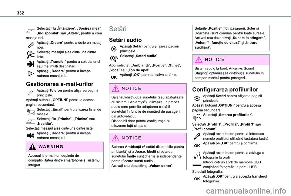 TOYOTA PROACE CITY VERSO EV 2021 Manual de utilizare (in Romanian) 332
Selectați fila „Întârziere”, „Sosirea mea”, „Indisponibil” sau „Altele”, pentru a crea mesaje noi.Apăsați „Creare” pentru a scrie un mesaj nou.Selectați mesajul ales dint TOYOTA PROACE CITY VERSO EV 2021 Manual de utilizare (in Romanian) 332
Selectați fila „Întârziere”, „Sosirea mea”, „Indisponibil” sau „Altele”, pentru a crea mesaje noi.Apăsați „Creare” pentru a scrie un mesaj nou.Selectați mesajul ales dint