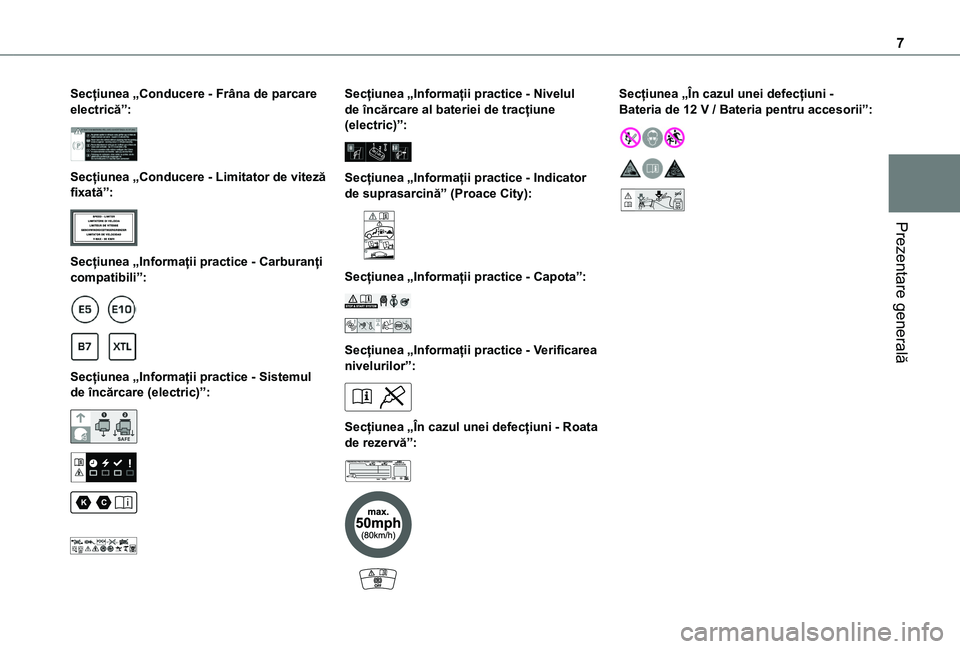 TOYOTA PROACE CITY VERSO EV 2021  Manual de utilizare (in Romanian) 7
Prezentare generală
Secțiunea „Conducere - Frâna de parcare electrică”: 
 
Secțiunea „Conducere - Limitator de viteză fixată”: 
 
Secțiunea „Informații practice - Carburanți comp