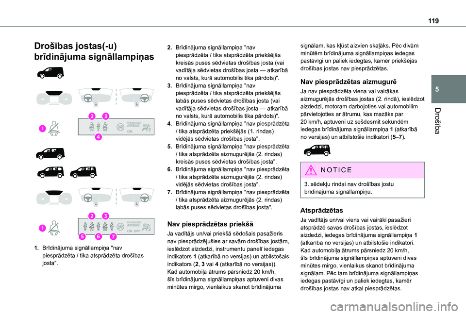 TOYOTA PROACE CITY VERSO EV 2021  Lietošanas Instrukcija (in Latvian) 11 9
Drošība
5
Drošības jostas(-u) 
brīdinājuma signāllampiņas 
  
  
  
  
 
1.Brīdinājuma signāllampiņa "nav piesprādzēta / tika atsprādzēta drošības josta".
2.Brīdinājum