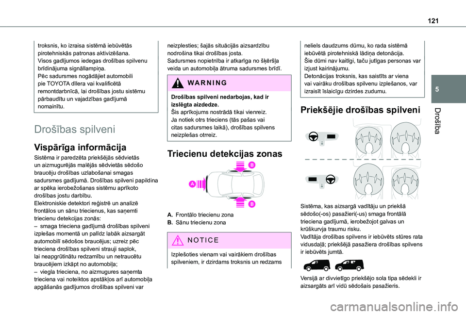 TOYOTA PROACE CITY VERSO EV 2021 Lietošanas Instrukcija (in Latvian) 121
Drošība
5
troksnis, ko izraisa sistēmā iebūvētās pirotehniskās patronas aktivizēšana.Visos gadījumos iedegas drošības spilvenu brīdinājuma signāllampiņa.Pēc sadursmes nogādājie TOYOTA PROACE CITY VERSO EV 2021 Lietošanas Instrukcija (in Latvian) 121
Drošība
5
troksnis, ko izraisa sistēmā iebūvētās pirotehniskās patronas aktivizēšana.Visos gadījumos iedegas drošības spilvenu brīdinājuma signāllampiņa.Pēc sadursmes nogādājie