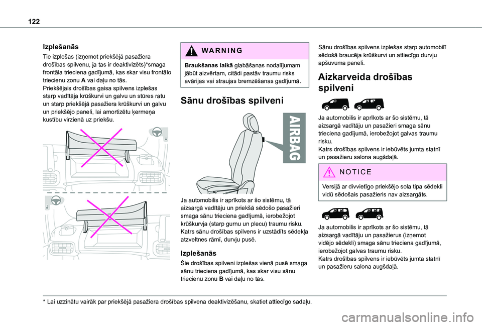 TOYOTA PROACE CITY VERSO EV 2021 Lietošanas Instrukcija (in Latvian) 122
Izplešanās
Tie izplešas (izņemot priekšējā pasažiera drošības spilvenu, ja tas ir deaktivizēts)*smaga frontāla trieciena gadījumā, kas skar visu frontālo triecienu zonu A vai daļu TOYOTA PROACE CITY VERSO EV 2021 Lietošanas Instrukcija (in Latvian) 122
Izplešanās
Tie izplešas (izņemot priekšējā pasažiera drošības spilvenu, ja tas ir deaktivizēts)*smaga frontāla trieciena gadījumā, kas skar visu frontālo triecienu zonu A vai daļu
