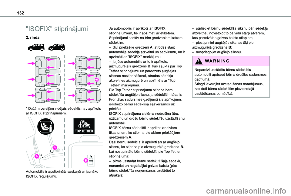 TOYOTA PROACE CITY VERSO EV 2021 Lietošanas Instrukcija (in Latvian) 132
"ISOFIX" stiprinājumi
2. rinda
* Dažām versijām vidējais sēdeklis nav aprīkots ar ISOFIX stiprinājumiem.
Automobilis ir apstiprināts saskaņā ar jaunāko ISOFIX regulēj TOYOTA PROACE CITY VERSO EV 2021 Lietošanas Instrukcija (in Latvian) 132
"ISOFIX" stiprinājumi
2. rinda
* Dažām versijām vidējais sēdeklis nav aprīkots ar ISOFIX stiprinājumiem.
Automobilis ir apstiprināts saskaņā ar jaunāko ISOFIX regulēj