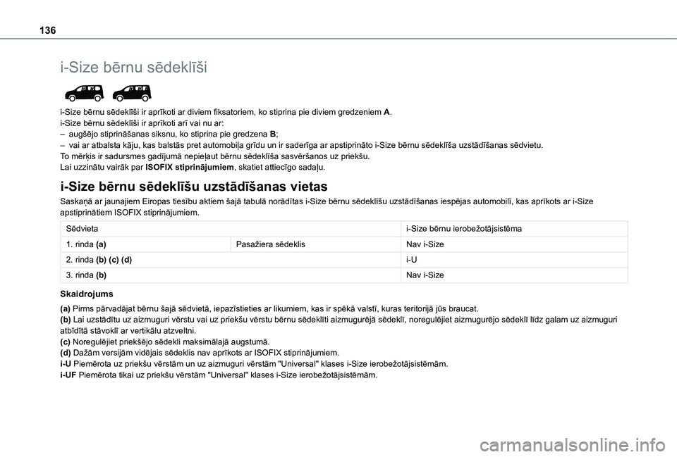 TOYOTA PROACE CITY VERSO EV 2021 Lietošanas Instrukcija (in Latvian) 136
i-Size bērnu sēdeklīši
i-Size bērnu sēdeklīši ir aprīkoti ar diviem fiksatoriem, ko stiprina pie diviem gredzeniem A.i-Size bērnu sēdeklīši ir aprīkoti arī vai nu ar:– augšēj TOYOTA PROACE CITY VERSO EV 2021 Lietošanas Instrukcija (in Latvian) 136
i-Size bērnu sēdeklīši
i-Size bērnu sēdeklīši ir aprīkoti ar diviem fiksatoriem, ko stiprina pie diviem gredzeniem A.i-Size bērnu sēdeklīši ir aprīkoti arī vai nu ar:– augšēj