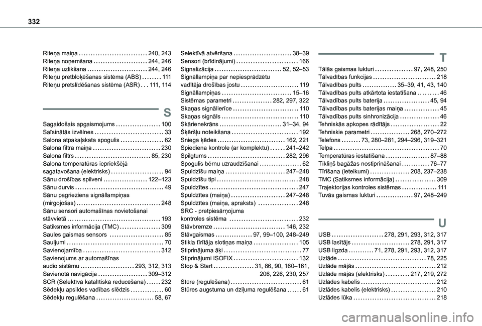 TOYOTA PROACE CITY VERSO EV 2021  Lietošanas Instrukcija (in Latvian) 332
Riteņa maiņa   240, 243Riteņa noņemšana   244, 246Riteņa uzlikšana   244, 246Riteņu pretbloķēšanas sistēma (ABS)   111Riteņu pretslīdēšanas sistēma (ASR)   111, 11 4
S
Sagaidošai