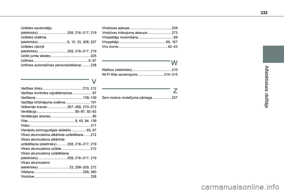 TOYOTA PROACE CITY VERSO EV 2021  Lietošanas Instrukcija (in Latvian) 333
Alfabētiskais rādītājs
Uzlādes savienotājs  (elektrisks)   209, 216–217, 219Uzlādes sistēma  (elektrisks)   6, 10, 33, 208, 227Uzlādes vāciņš  (elektrisks)   209, 216–217, 219Uzlik