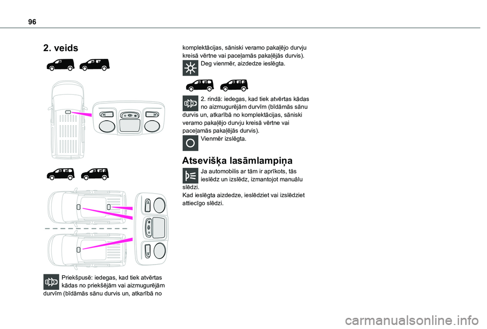 TOYOTA PROACE CITY VERSO EV 2021  Lietošanas Instrukcija (in Latvian) 96
2. veids 
  
  
  
 
Priekšpusē: iedegas, kad tiek atvērtas kādas no priekšējām vai aizmugurējām durvīm (bīdāmās sānu durvis un, atkarībā no 
komplektācijas, sāniski veramo pakaļ