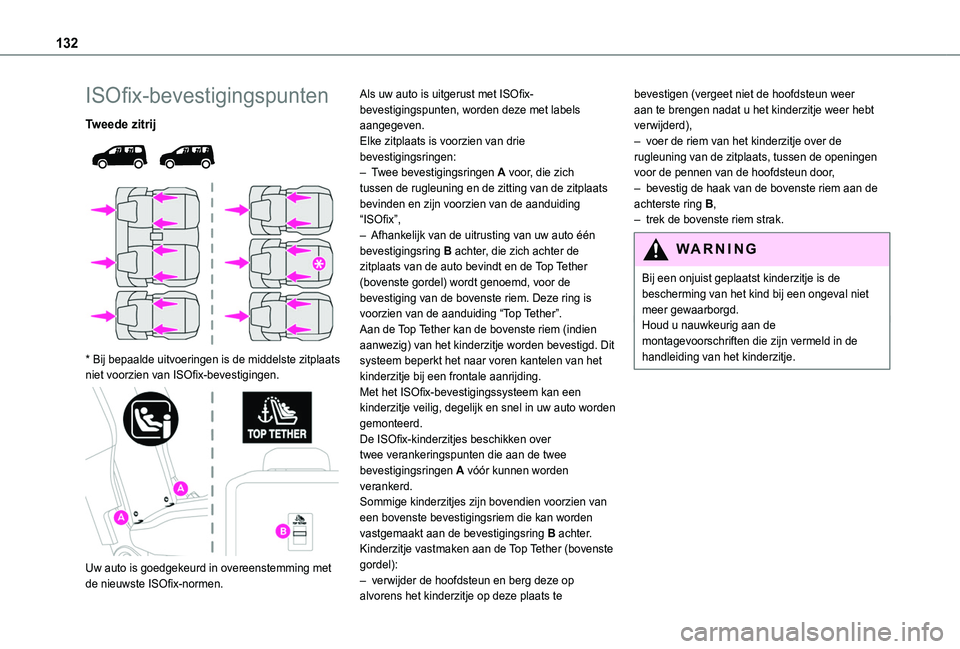TOYOTA PROACE CITY VERSO EV 2021  Instructieboekje (in Dutch) 132
ISOfix-bevestigingspunten
Tweede zitrij 
  
 
* Bij bepaalde uitvoeringen is de middelste zitplaats niet voorzien van ISOfix-bevestigingen. 
 
Uw auto is goedgekeurd in overeenstemming met de nieu