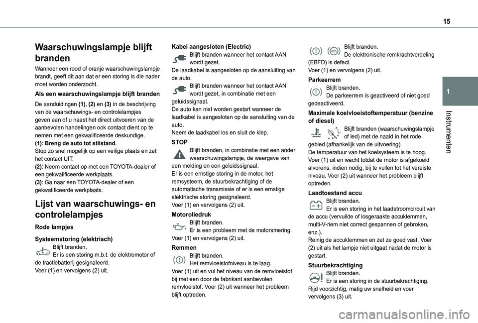 TOYOTA PROACE CITY VERSO EV 2021  Instructieboekje (in Dutch) 15
Instrumenten
1
Waarschuwingslampje blijft 
branden
Wanneer een rood of oranje waarschuwingslampje brandt, geeft dit aan dat er een storing is die nader moet worden onderzocht.
Als een waarschuwings