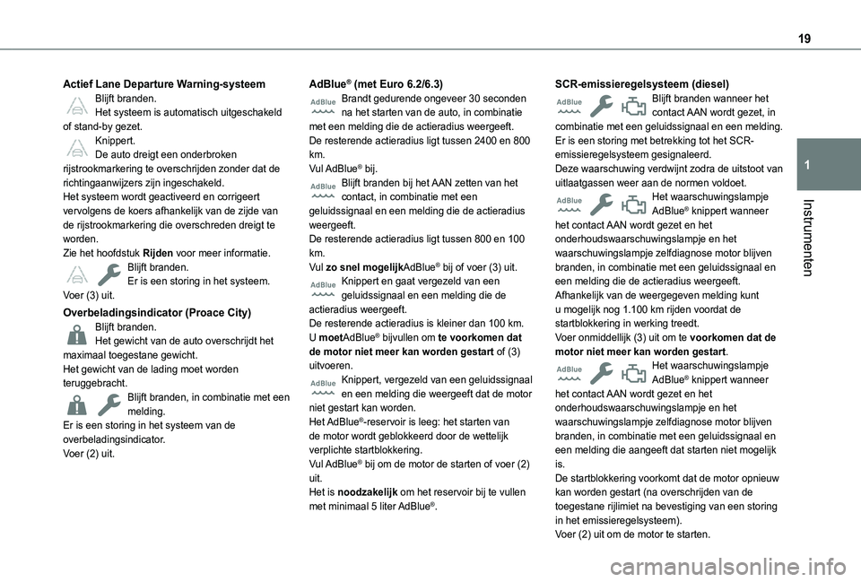 TOYOTA PROACE CITY VERSO EV 2021  Instructieboekje (in Dutch) 19
Instrumenten
1
Actief Lane Departure Warning-systeemBlijft branden.Het systeem is automatisch uitgeschakeld of stand-by gezet.Knippert.De auto dreigt een onderbroken rijstrookmarkering te overschri