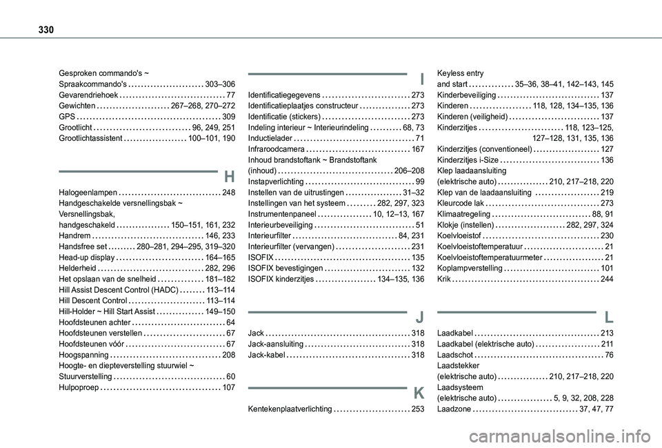 TOYOTA PROACE CITY VERSO EV 2021  Instructieboekje (in Dutch) 330
Gesproken commando's ~  Spraakcommando's   303–306Gevarendriehoek   77Gewichten   267–268, 270–272GPS   309Grootlicht   96, 249, 251Grootlichtassistent   100–101, 190
H
Halogeenlam