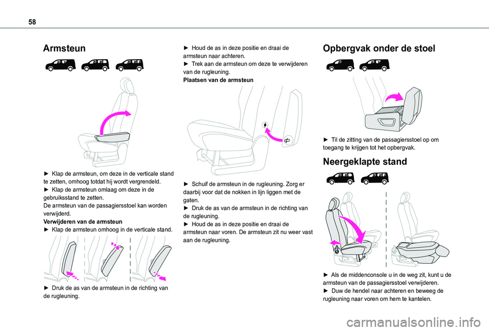 TOYOTA PROACE CITY VERSO EV 2021  Instructieboekje (in Dutch) 58
Armsteun 
  
 
► Klap de armsteun, om deze in de verticale stand te zetten, omhoog totdat hij wordt vergrendeld.► Klap de armsteun omlaag om deze in de gebruiksstand te zetten.De armsteun van d