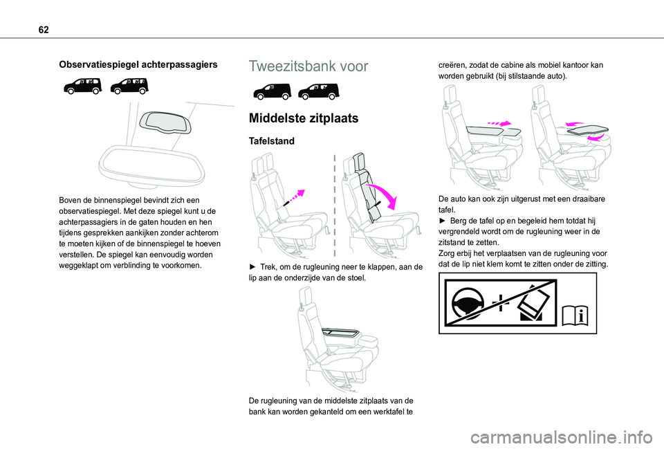 TOYOTA PROACE CITY VERSO EV 2021  Instructieboekje (in Dutch) 62
Observatiespiegel achterpassagiers 
  
 
Boven de binnenspiegel bevindt zich een observatiespiegel. Met deze spiegel kunt u de achterpassagiers in de gaten houden en hen tijdens gesprekken aankijke