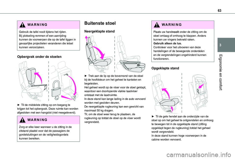 TOYOTA PROACE CITY VERSO EV 2021  Instructieboekje (in Dutch) 63
Ergonomie en comfort
3
WARNI NG
Gebruik de tafel nooit tijdens het rijden.Bij plotseling remmen of een aanrijding kunnen de voorwerpen die op de tafel liggen in gevaarlijke projectielen veranderen 