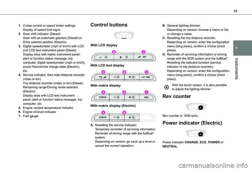 TOYOTA PROACE EV 2021  Owners Manual 11
Instruments
1
1.Cruise control or speed limiter settingsDisplay of speed limit signs
2.Gear shift indicator (Diesel)Gear with an automatic gearbox (Diesel) or Drive selector position (Electric)
3.D