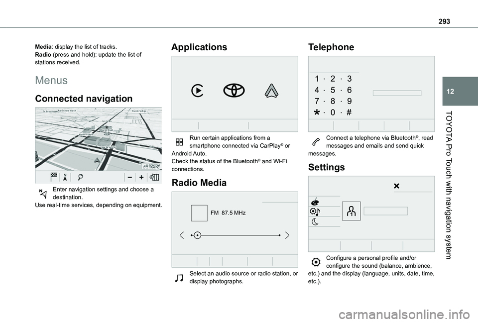 TOYOTA PROACE EV 2021 Owners Manual 293
TOYOTA Pro Touch with navigation system
12
Media: display the list of tracks.Radio (press and hold): update the list of stations received.
Menus
Connected navigation
Enter navigation settings a TOYOTA PROACE EV 2021 Owners Manual 293
TOYOTA Pro Touch with navigation system
12
Media: display the list of tracks.Radio (press and hold): update the list of stations received.
Menus
Connected navigation
Enter navigation settings a