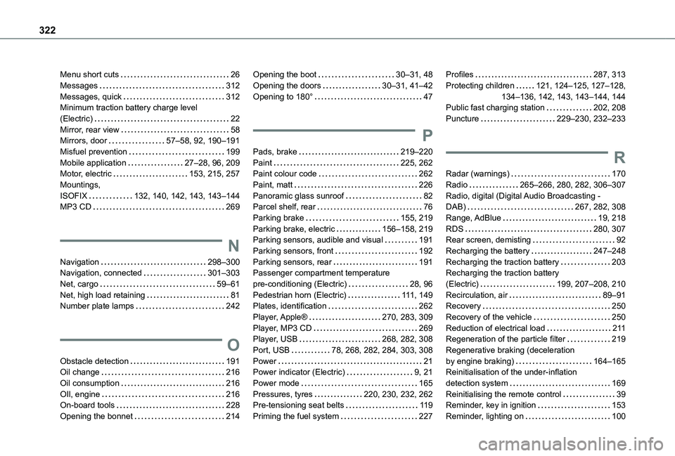 TOYOTA PROACE EV 2021 Owners Manual 322
Menu short cuts 26Messages 312Messages, quick 312Minimum traction battery charge level (Electric) 22Mirror, rear view 58Mirrors, door 57–58, 92, 190–191Misfuel prevention 199Mob TOYOTA PROACE EV 2021 Owners Manual 322
Menu short cuts 26Messages 312Messages, quick 312Minimum traction battery charge level (Electric) 22Mirror, rear view 58Mirrors, door 57–58, 92, 190–191Misfuel prevention 199Mob