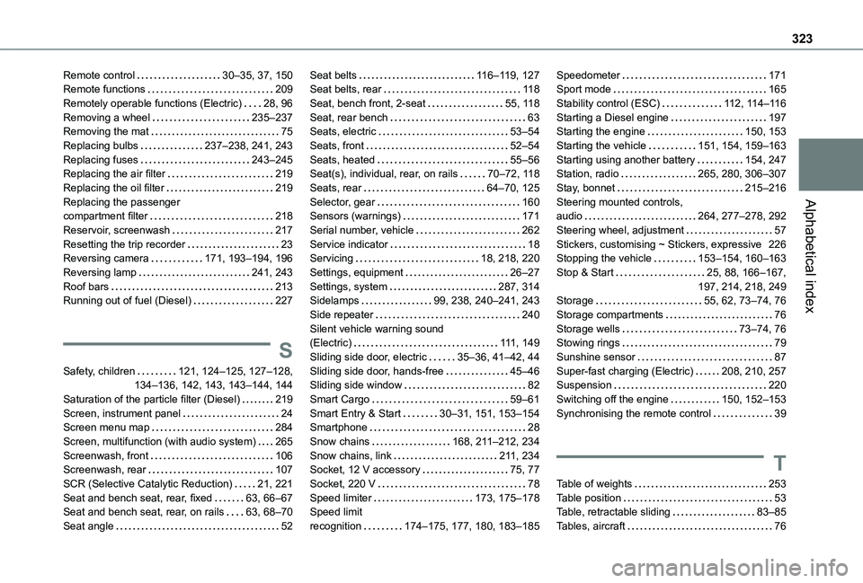 TOYOTA PROACE EV 2021 Owners Manual 323
Alphabetical index
Remote control 30–35, 37, 150Remote functions 209Remotely operable functions (Electric) 28, 96Removing a wheel 235–237Removing the mat 75Replacing bulbs 237–23 TOYOTA PROACE EV 2021 Owners Manual 323
Alphabetical index
Remote control 30–35, 37, 150Remote functions 209Remotely operable functions (Electric) 28, 96Removing a wheel 235–237Removing the mat 75Replacing bulbs 237–23