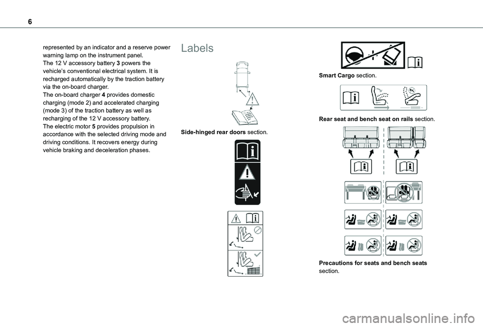 TOYOTA PROACE EV 2021 Owners Manual 6
represented by an indicator and a reserve power warning lamp on the instrument panel.The 12 V accessory battery 3 powers the vehicle’s conventional electrical system. It is recharged automatically TOYOTA PROACE EV 2021 Owners Manual 6
represented by an indicator and a reserve power warning lamp on the instrument panel.The 12 V accessory battery 3 powers the vehicle’s conventional electrical system. It is recharged automatically