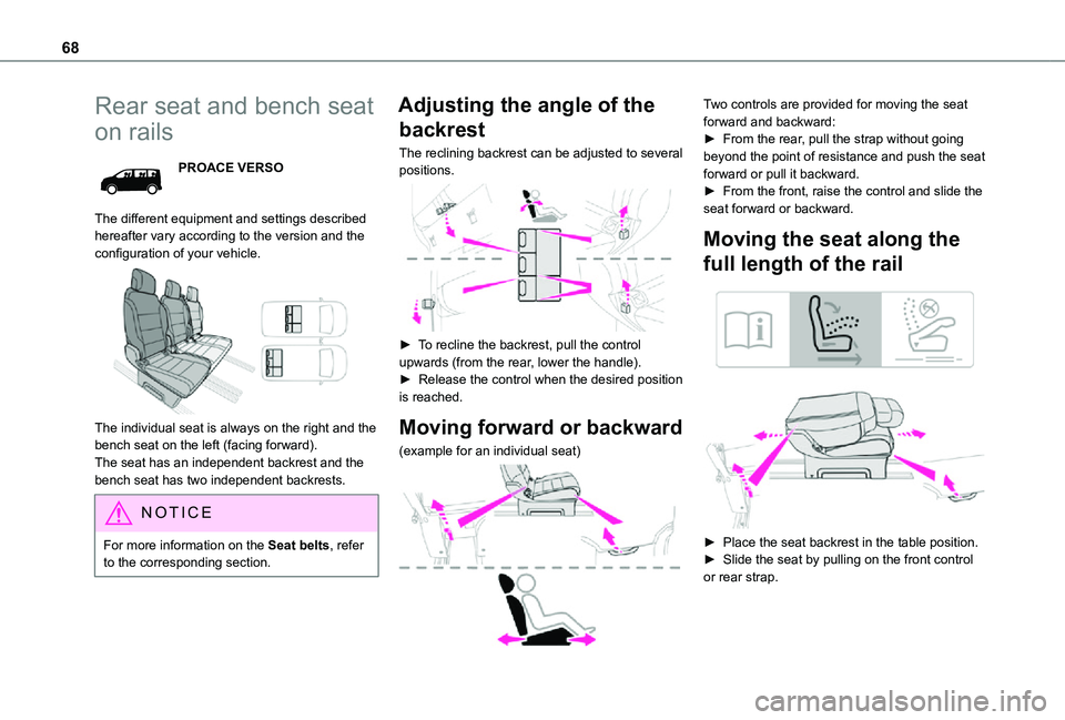 TOYOTA PROACE EV 2021 Repair Manual 68
Rear seat and bench seat
on rails
PROACE VERSO
The different equipment and settings described hereafter vary according to the version and the configuration of your vehicle.
The individual seat TOYOTA PROACE EV 2021 Repair Manual 68
Rear seat and bench seat
on rails
PROACE VERSO
The different equipment and settings described hereafter vary according to the version and the configuration of your vehicle.
The individual seat